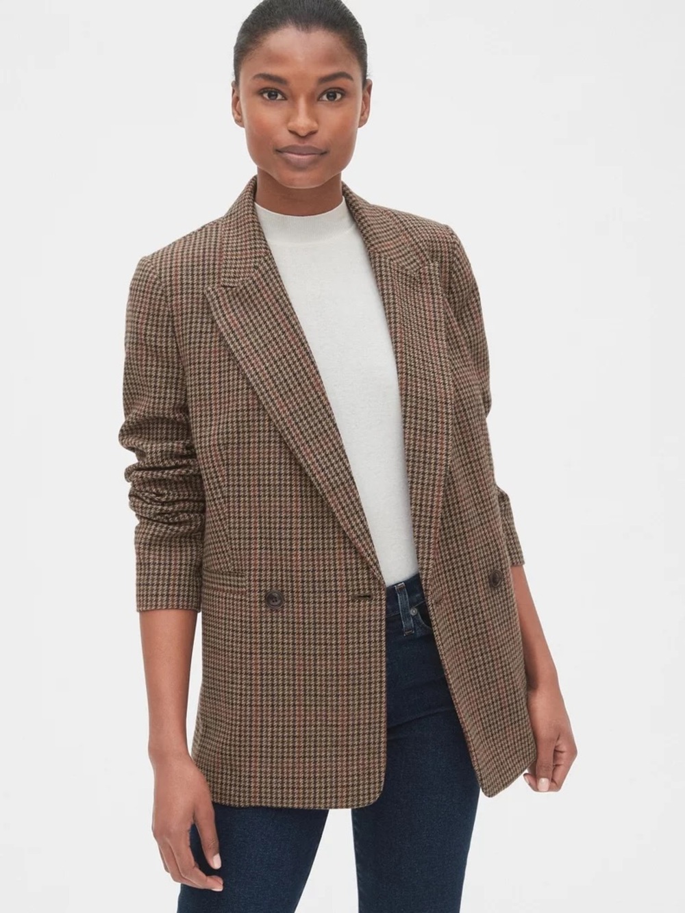 GAP Houndstooth Oversized Double Breasted Blazer Brown Wool Blend - Academia